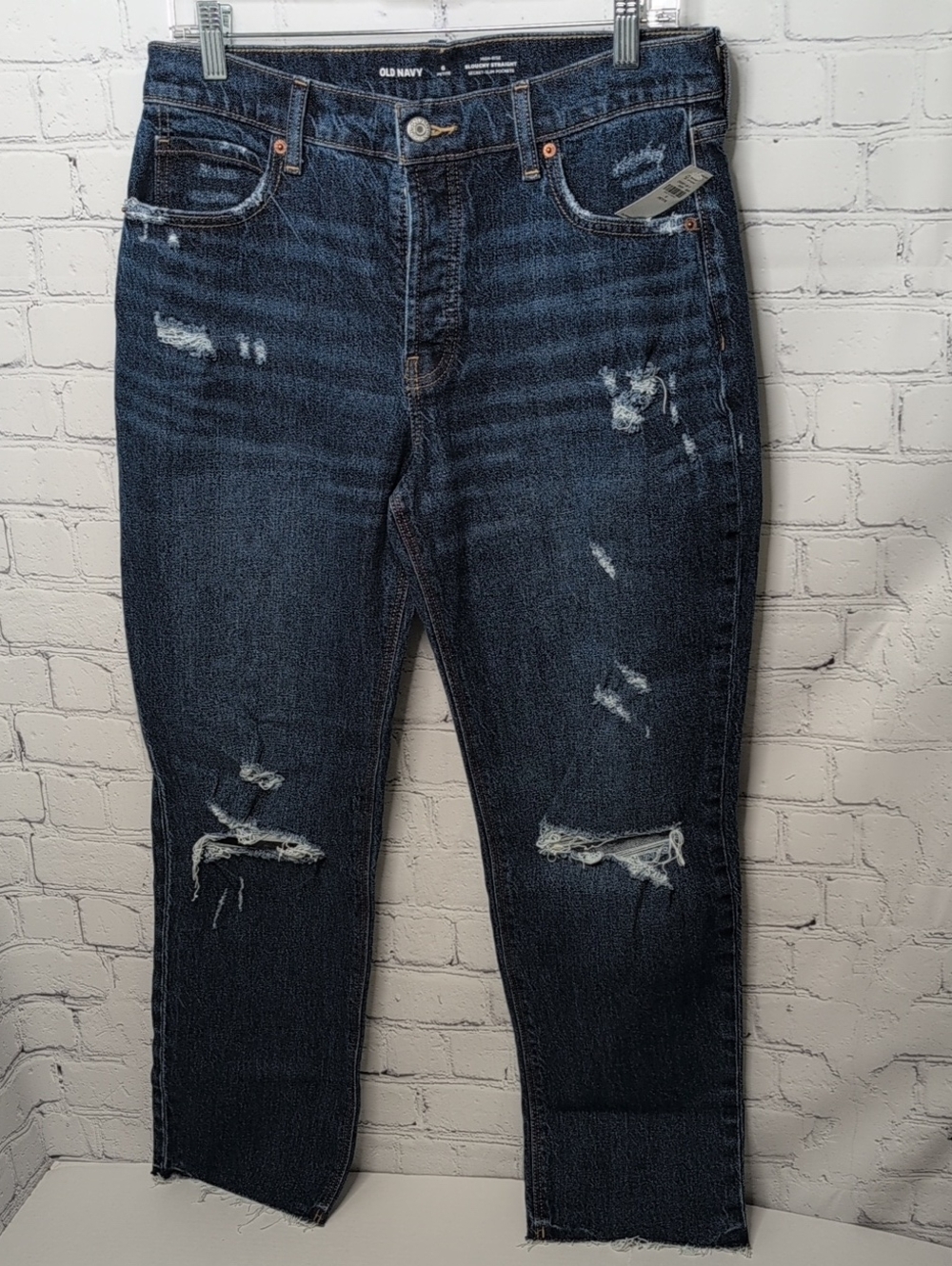 New Old Navy High Rise Slouchy Straight Leg Jeans Button Fly Raw Hem Dark Wash